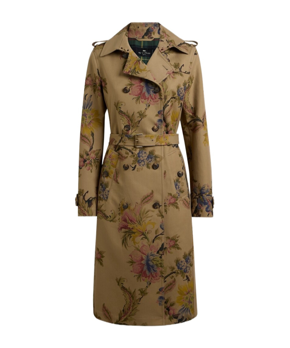 Etro Cotton Gabardine Trench Coat With Floral Motif In Yellow
