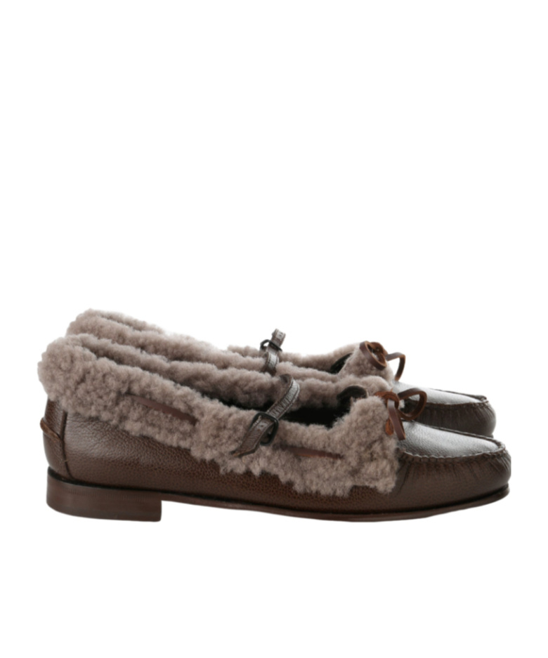 Hereu Mary Jane Loafer With Lace Detail In Brown