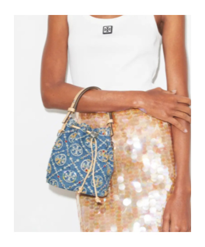 Tory Burch T Monogram Mini Denim Bucket Bag In Gray