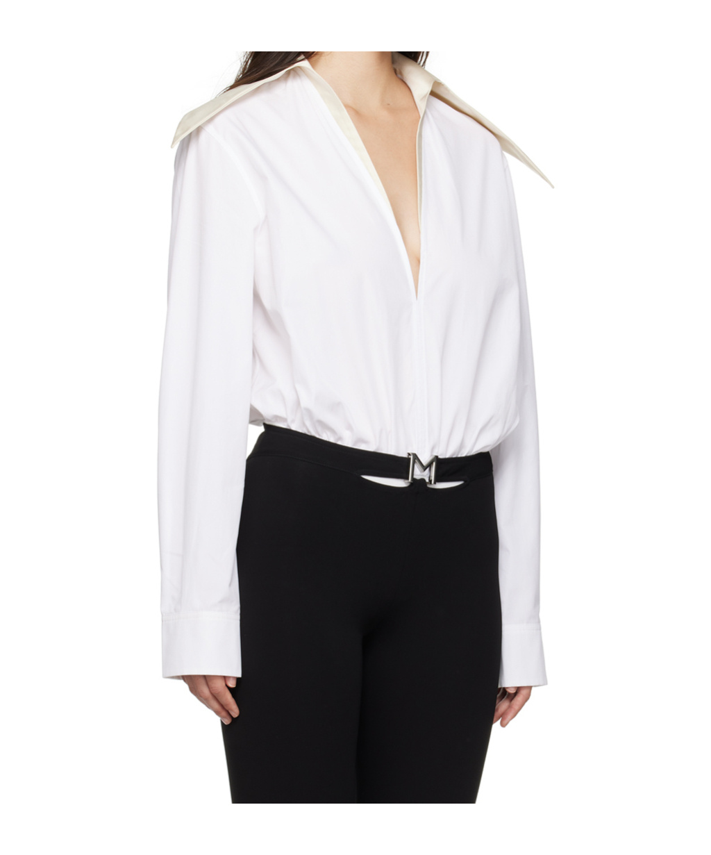 Mugler White Spiky Satin Collar Bodysuit In White
