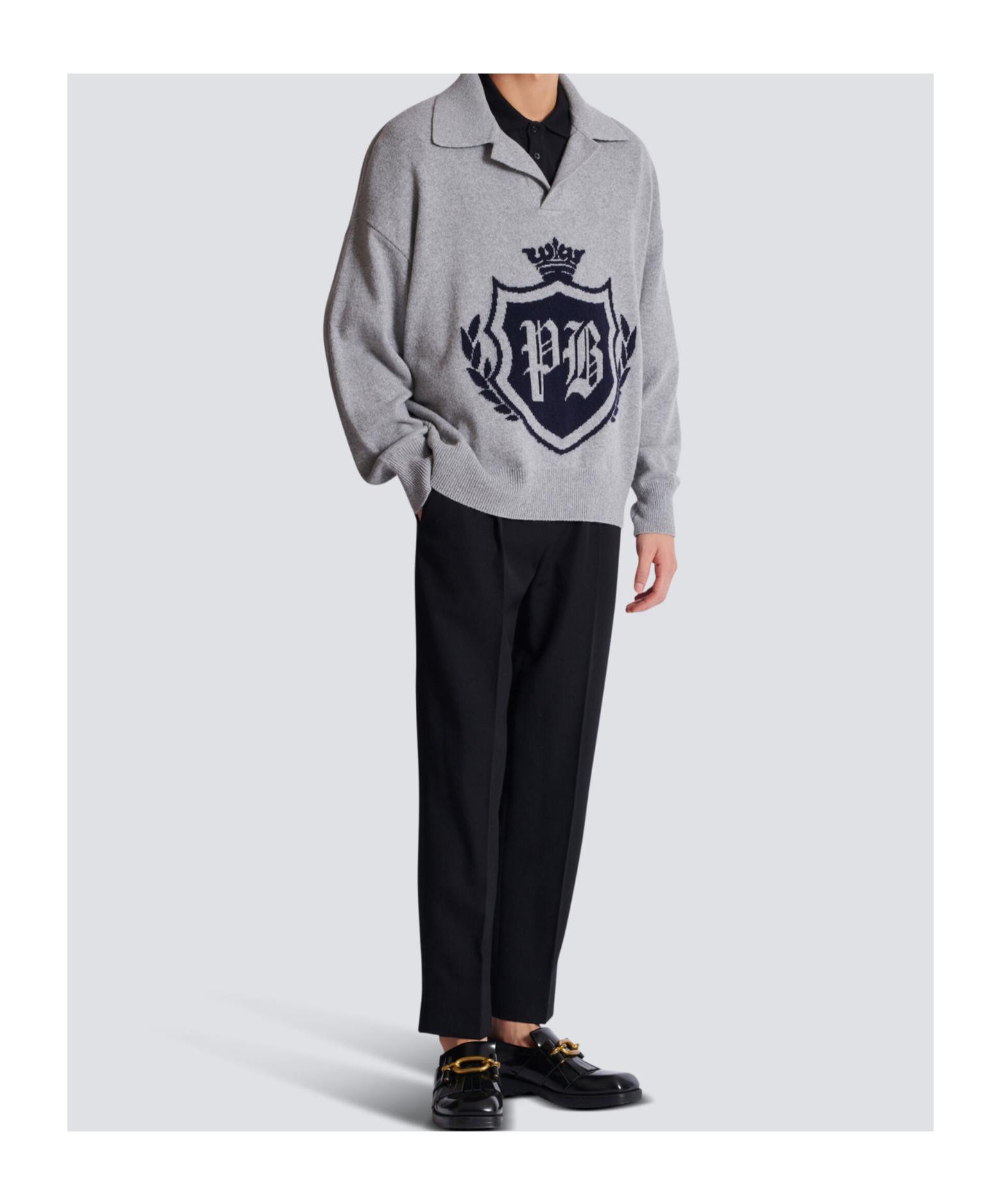 Balmain College Emblem Polo Sweater In Eco-cashmere In Gray
