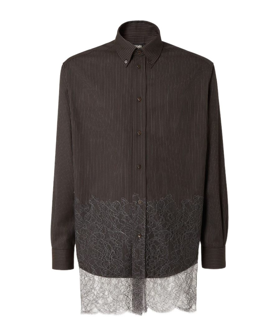 Fendi Wool Shirt With Lace Hem And Long Sleeves In Brown