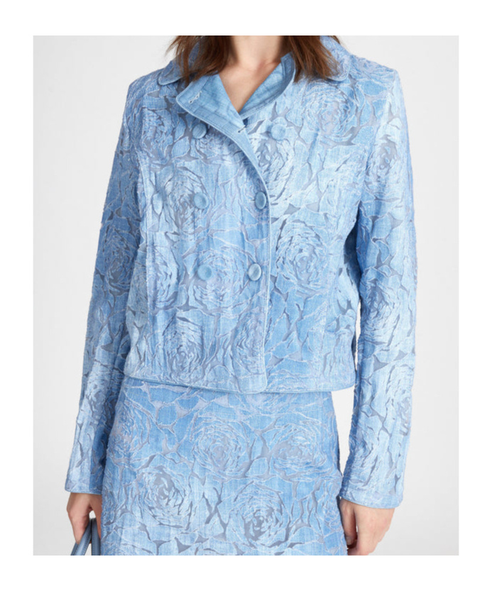 Ermanno Scervino Short Double-breasted Jacket In Devorè With Floral Motif And Denim Print In Light Blue