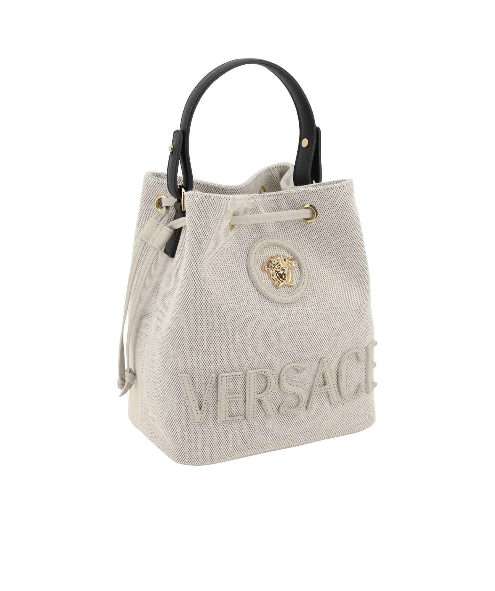 Versace Medusa-plaque Drawstring Bucket Bag In Nude