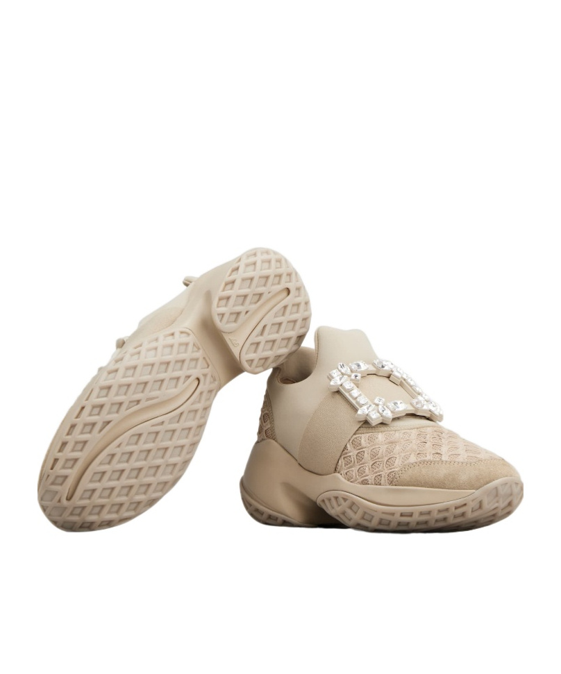 Roger Vivier Crystal Buckle Mesh Sneakers In Nude