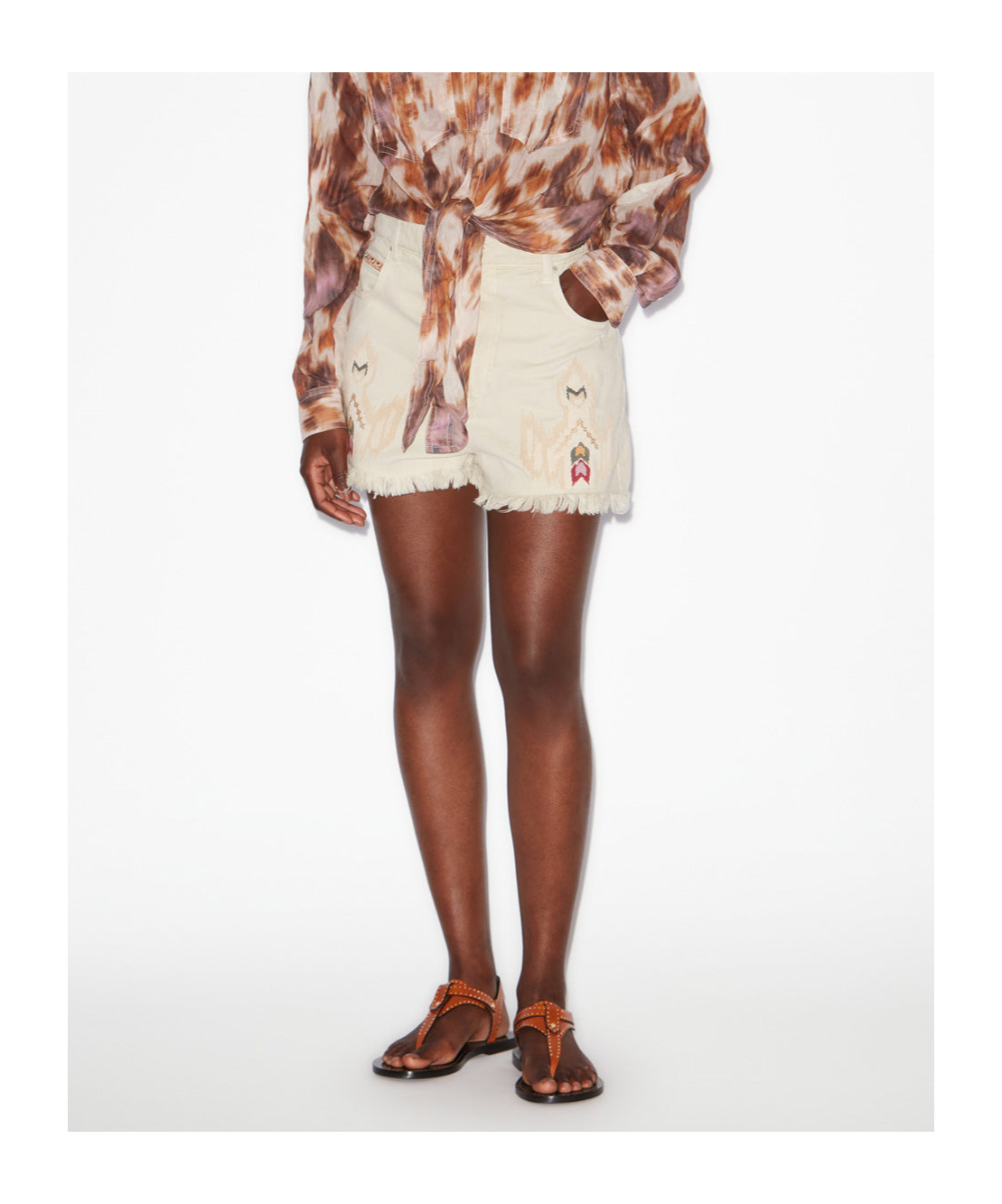 Isabel Marant Étoile Lesia Beige Shorts With Fringed Hem And Embroidered Motif In Denim Woman In Pink