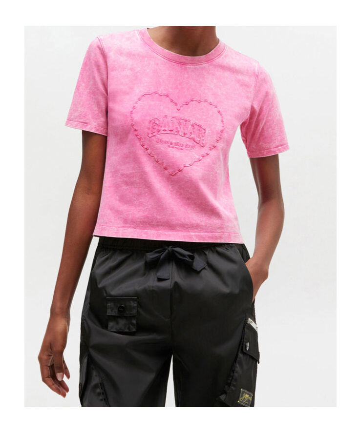 Ganni Heart-embroidered T-shirt In Pink