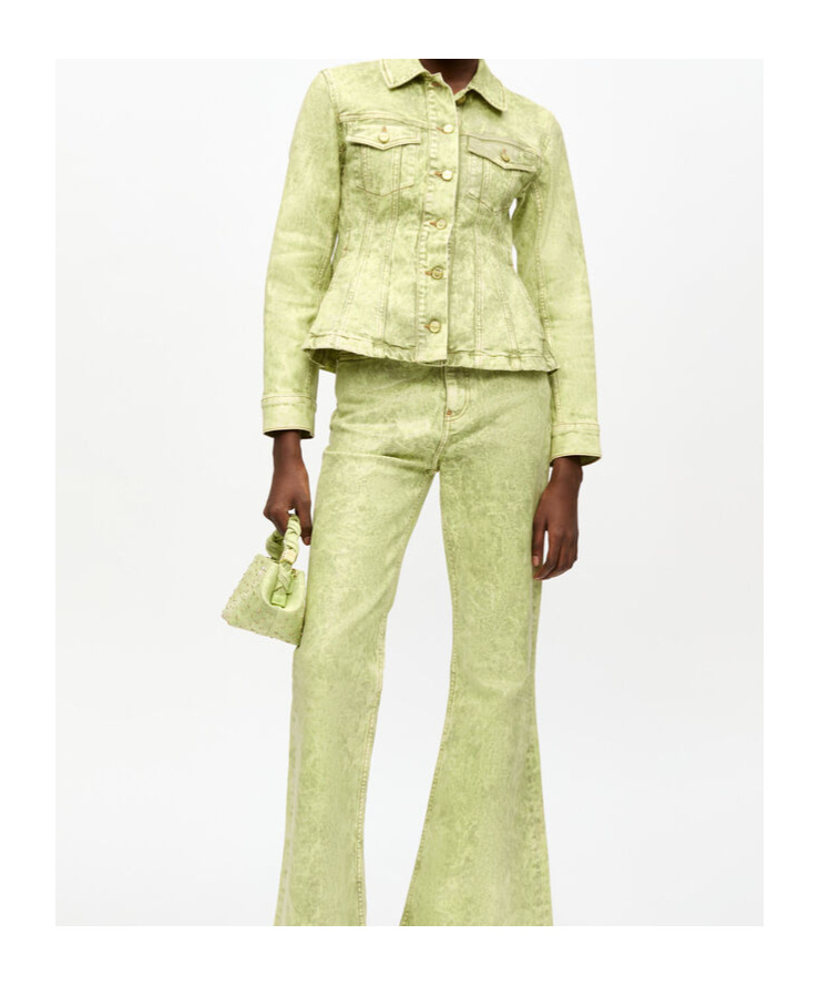 Ganni Yellow Foil Overdyed Denim Fitted Blazer In Green