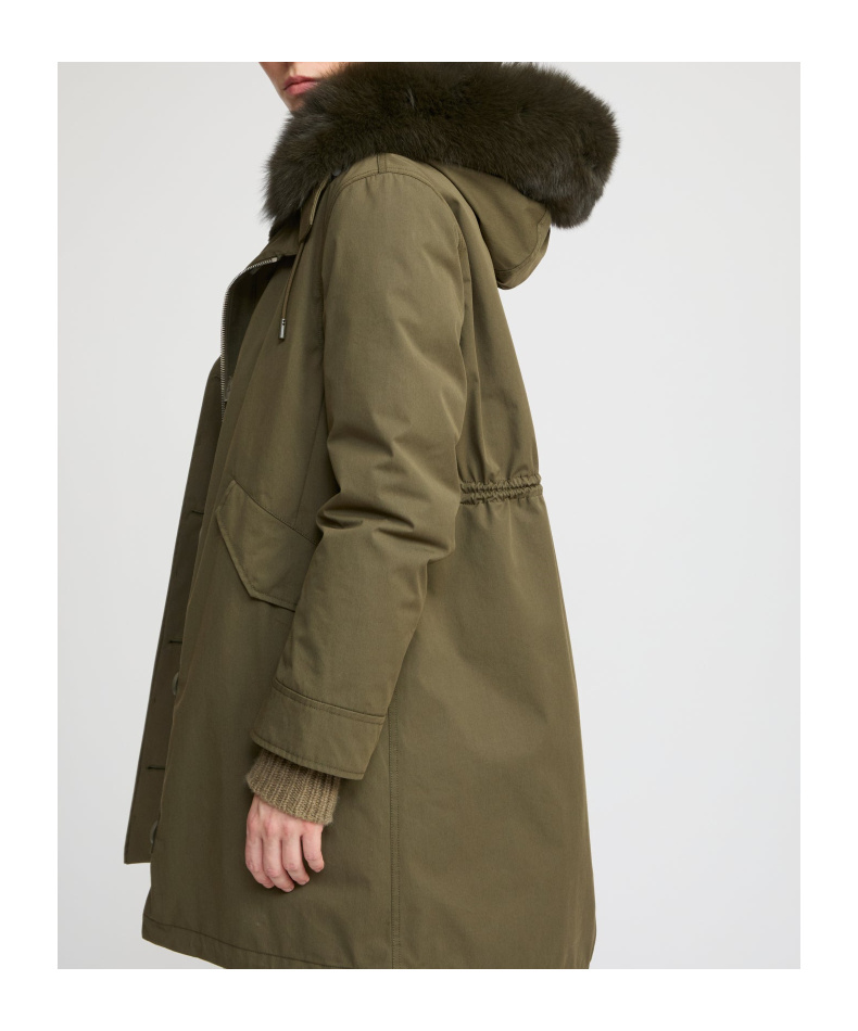 Yves Salomon Long Iconic Parka In Waterproof Cotton Blend With Fox And Rabbit Fur In Green