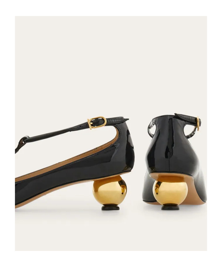 Ferragamo Round Toe T-bar Strap Gold Heel In Black