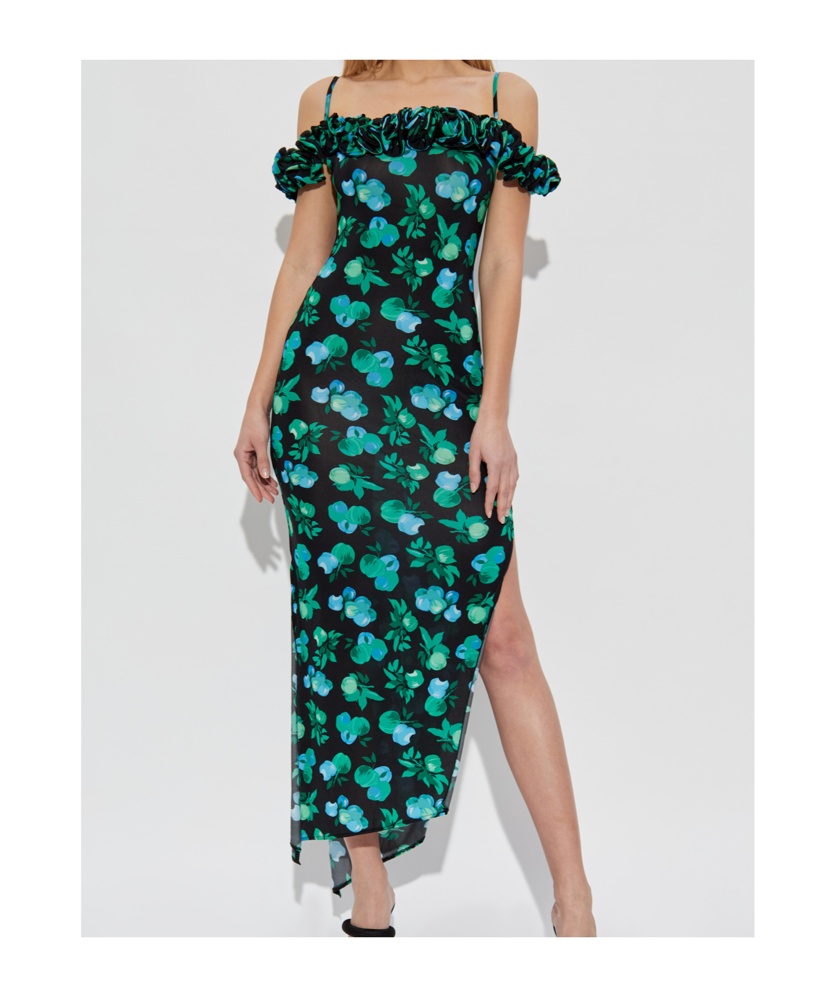 Coperni Apple-print Ruffle Off-the-shoulder Midi Dress In Black