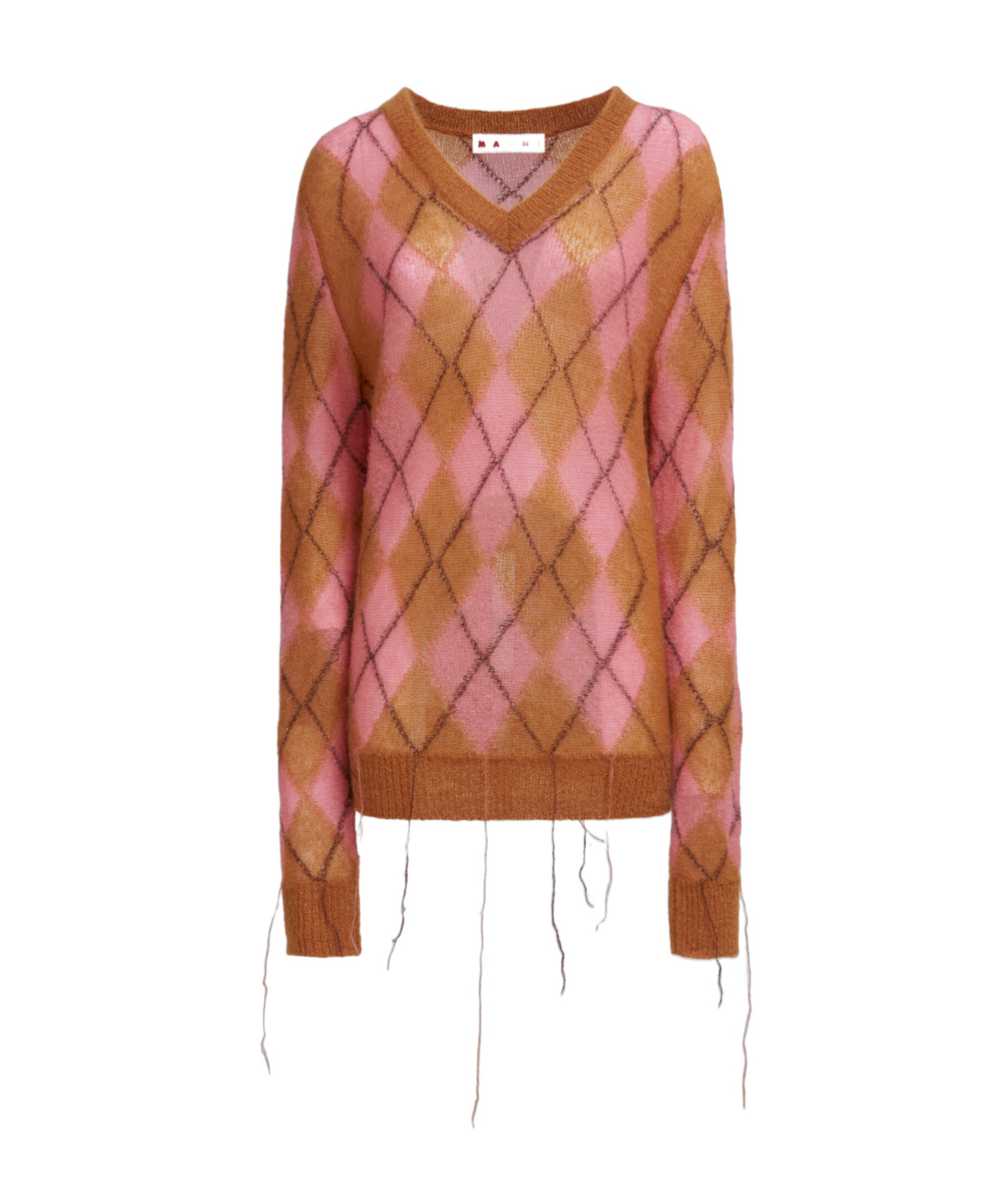 Marni Fringed Argyle Jacquard-knit Mohair-blend Sweater In Pink