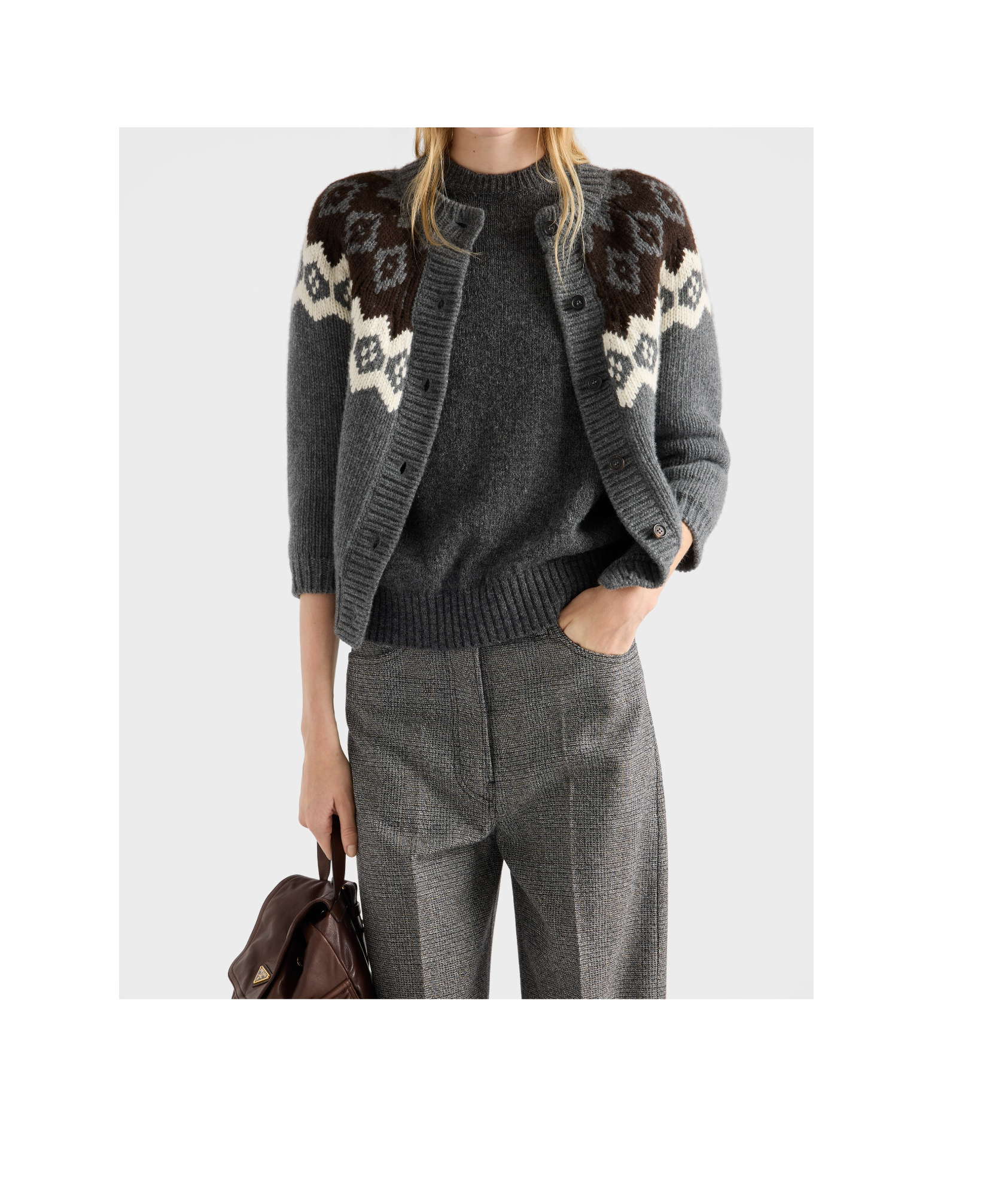 Prada Intarsia Button-up Cardigan In Gray