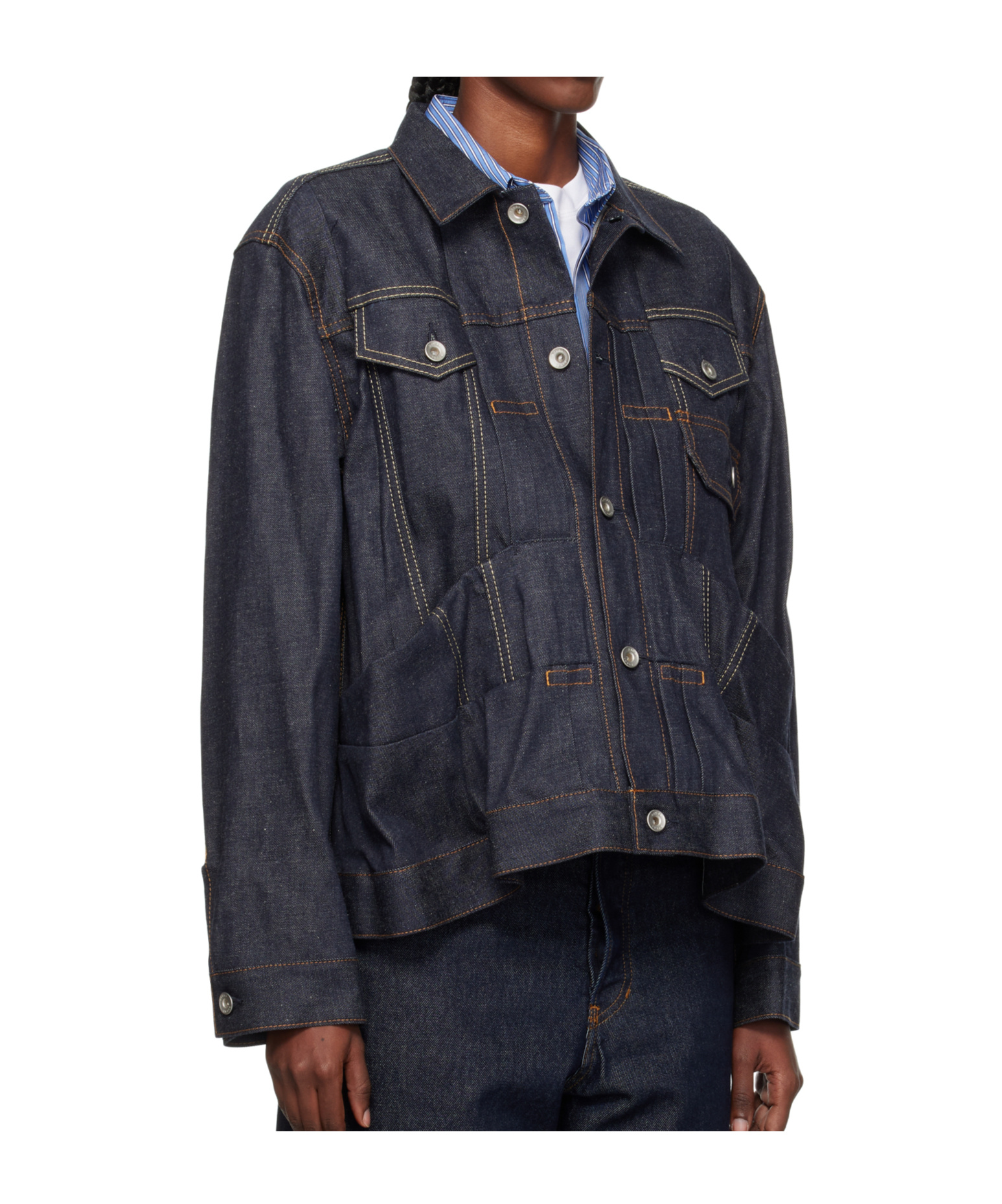 Sacai Navy Pleated Denim Jacket In Blue