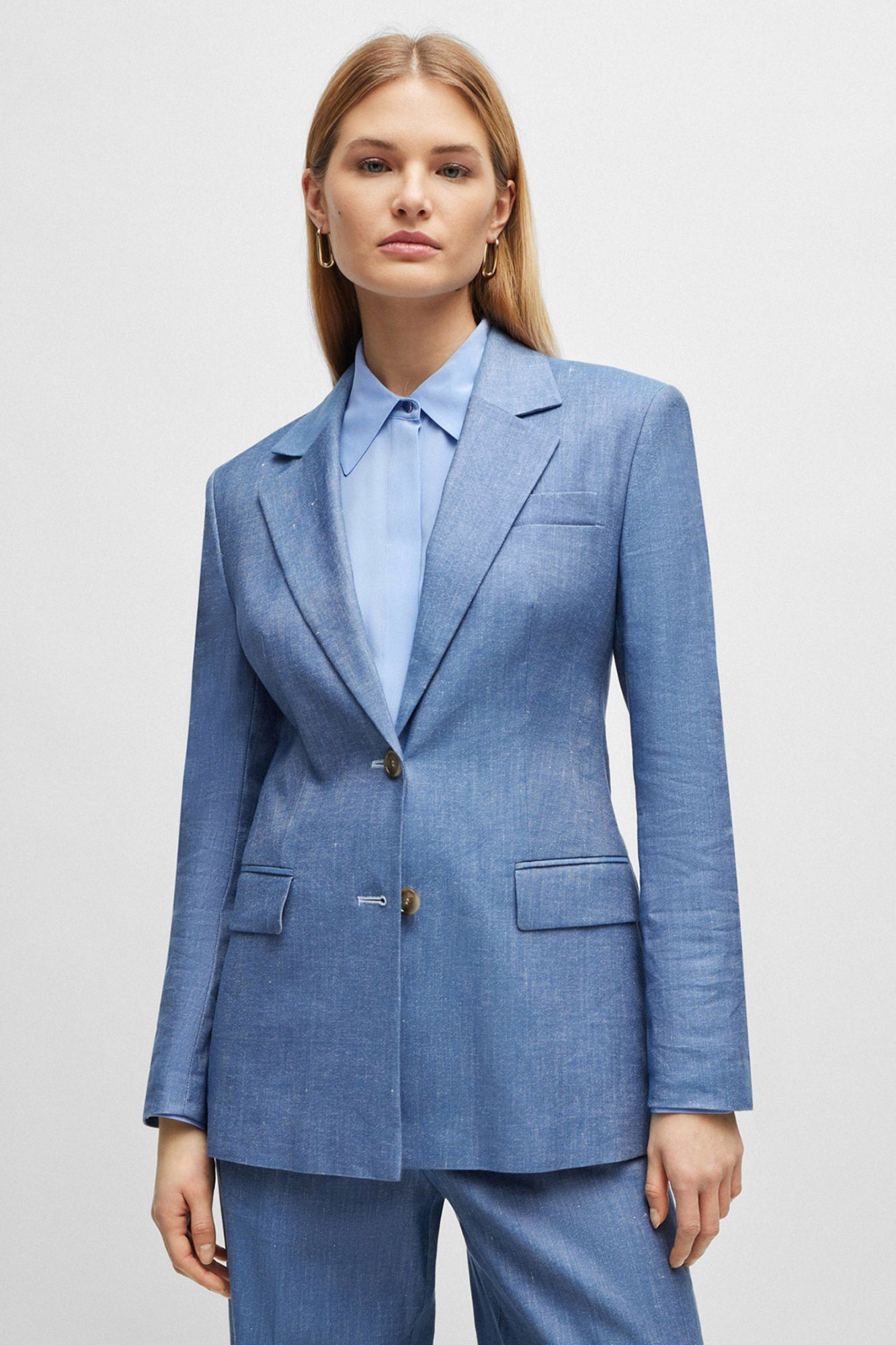 Hugo Boss Women's Single-breasted Jacket In Linen, Cotton And Stretch In Blue