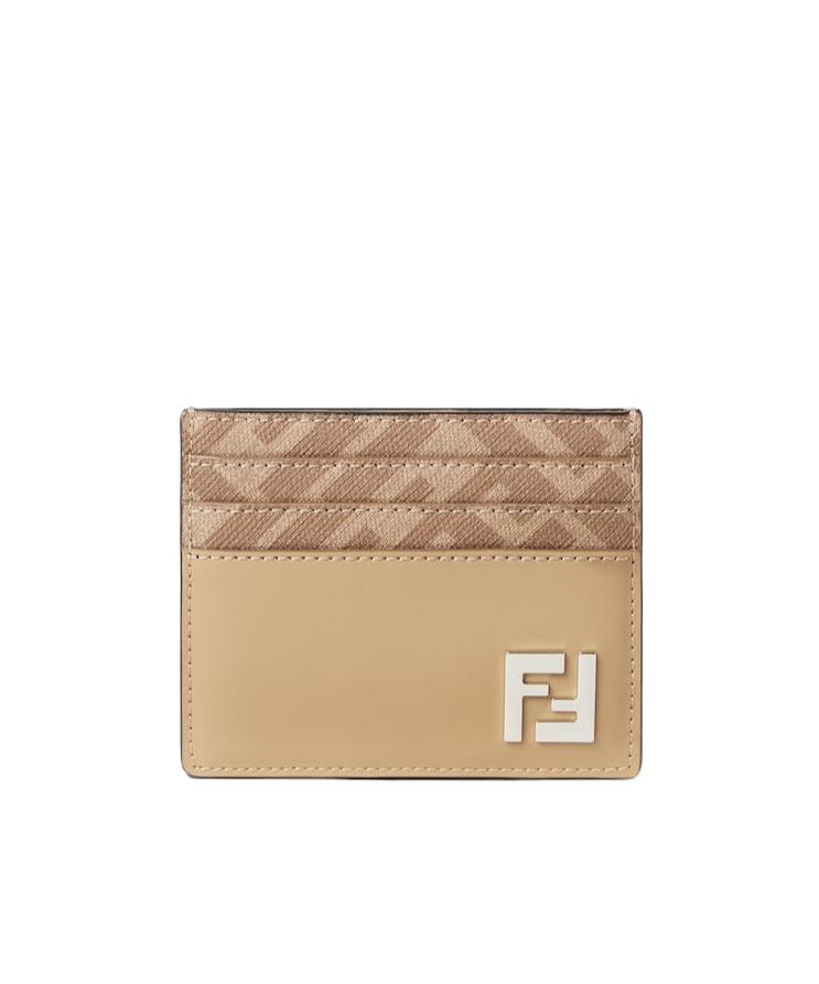 Fendi Beige Leather And Beige Ff Canvas Card Holder In Brown