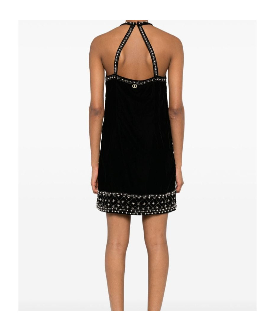 Shop Twinset Crystal-embroidered Velvet Mini Dress In Black