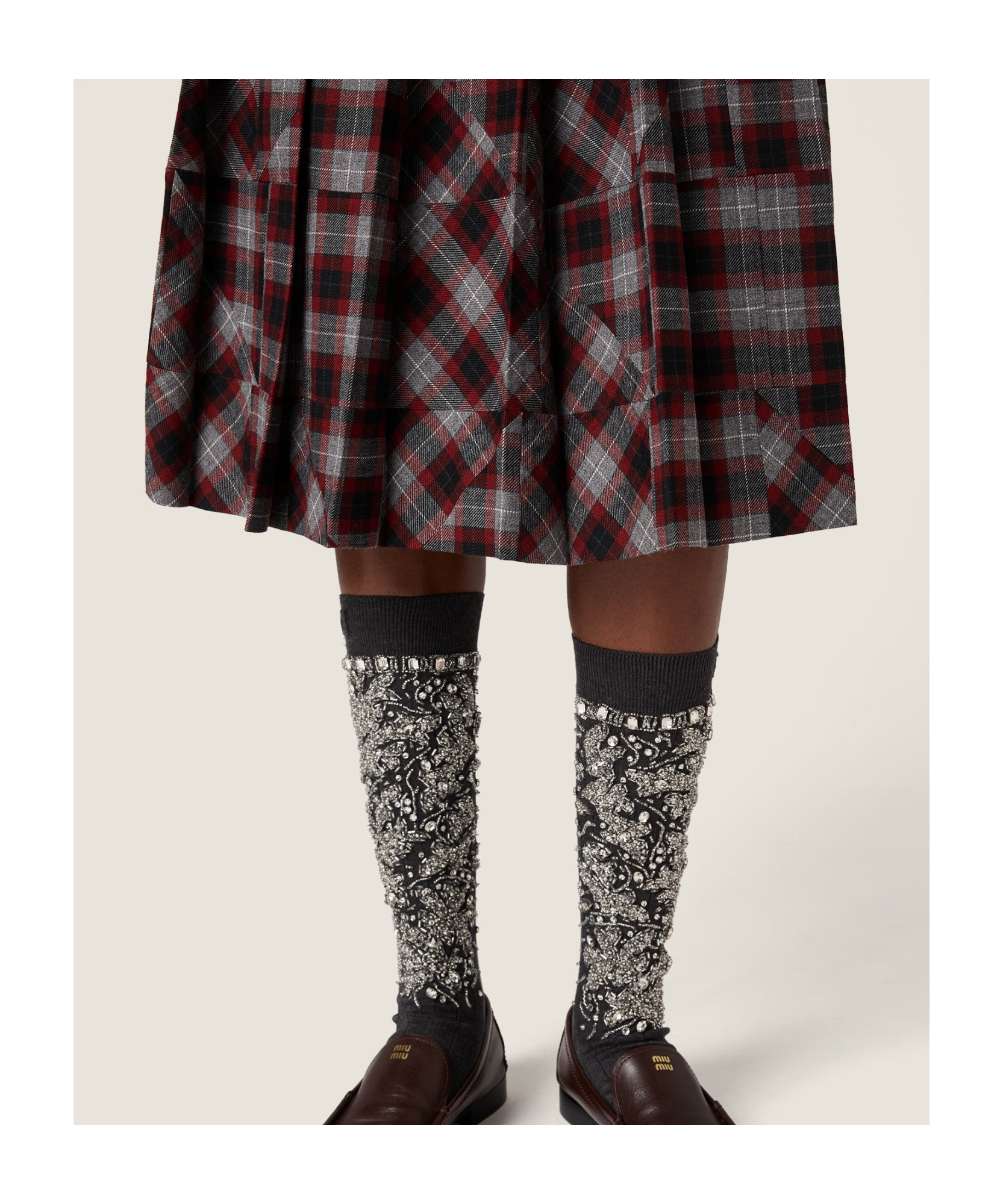 Miu Miu Tartan Patchwork Midi Skirt In Multi