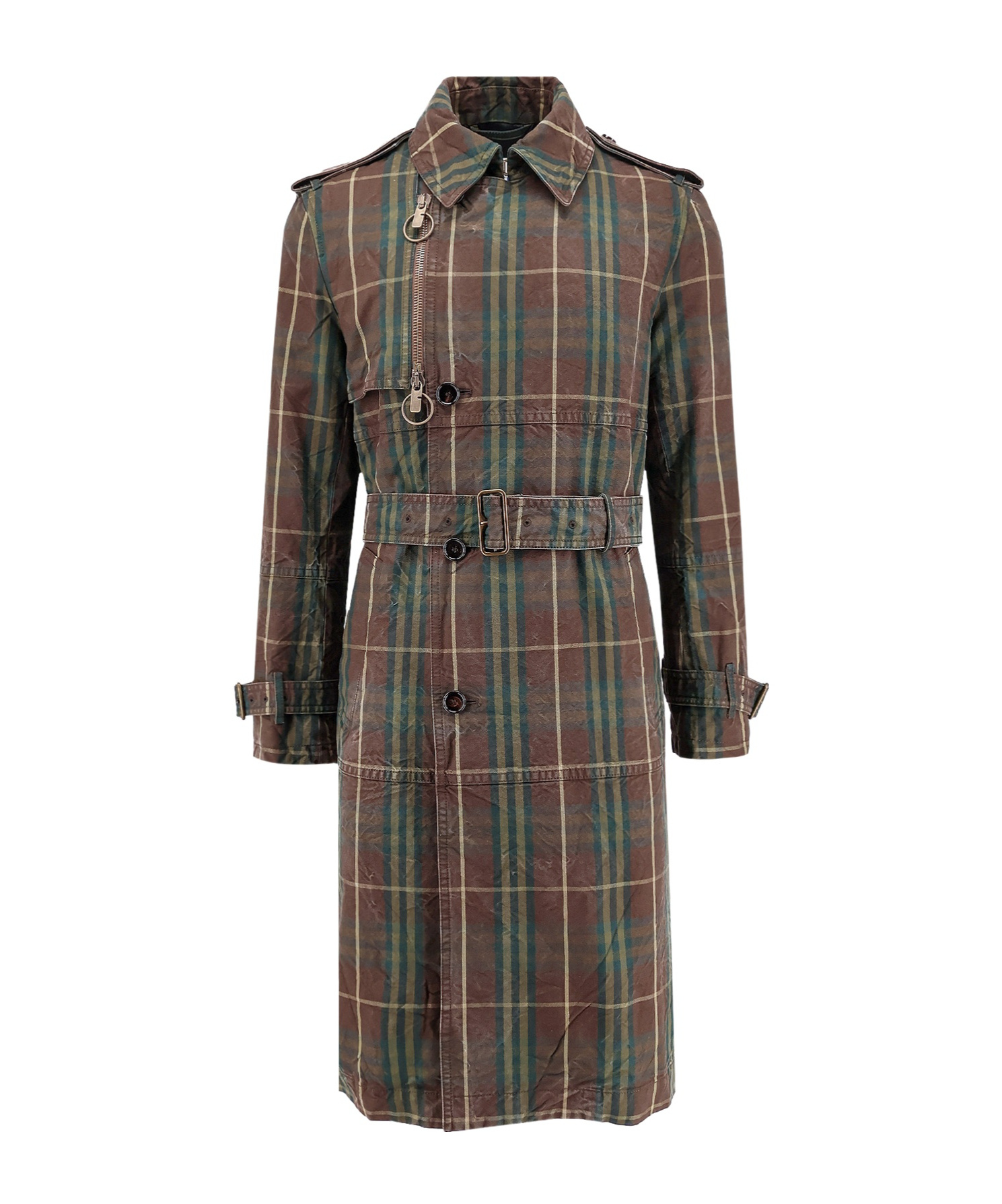 Burberry Vintage Effect Checked Trench Coat With Belt In Brown