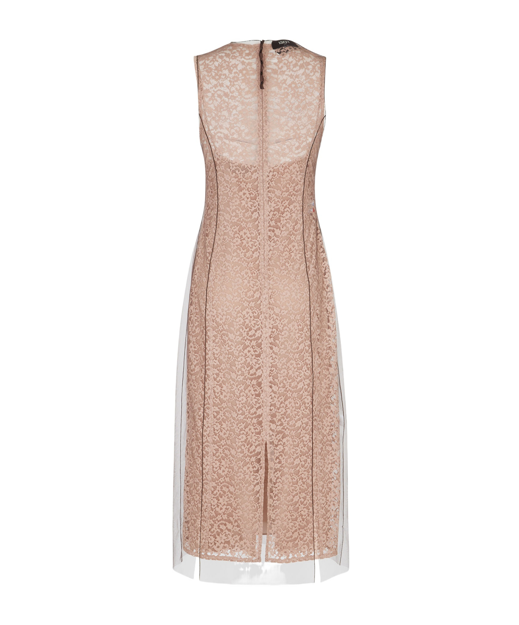 Fendi Women Beige Sleeveless Crewneck Dress With Floral Embroidery In Lace Woman In Nude