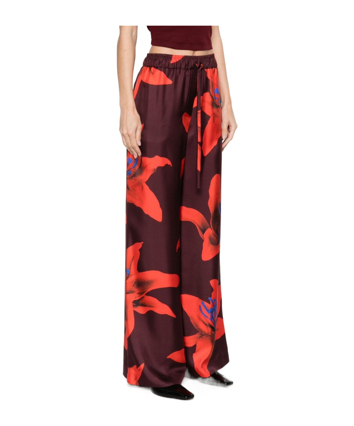 Alexander Mcqueen Wide-leg Silk Twill Trousers With Flame Lily Print In Red