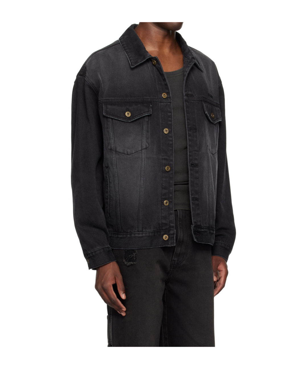 We11 Done Lapel Long-sleeved Denim Coat In Black