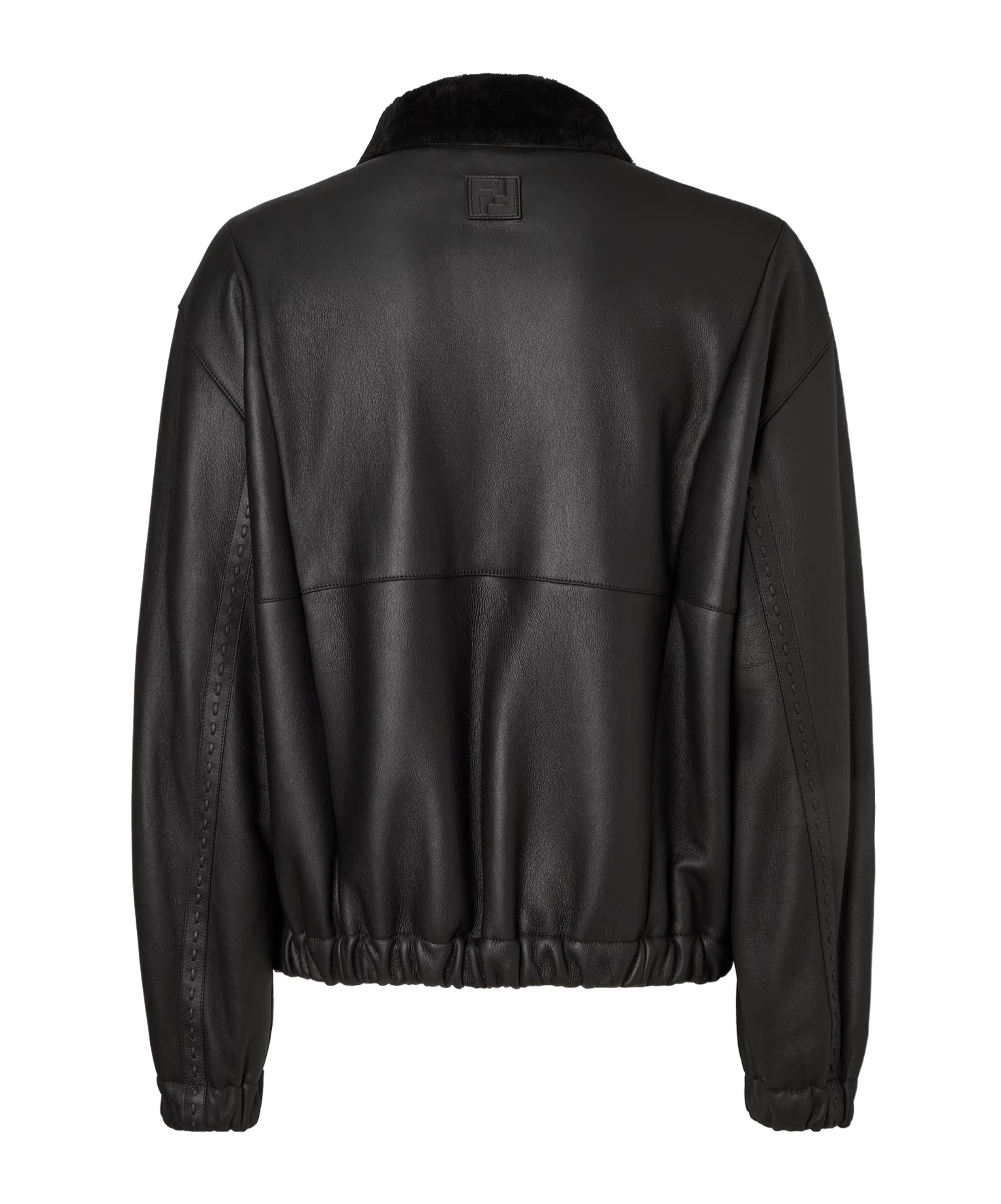 Fendi Men Black Shearling Jacket With Dropped Shoulders And Ff Patch On The Rear In Leather Man In Black