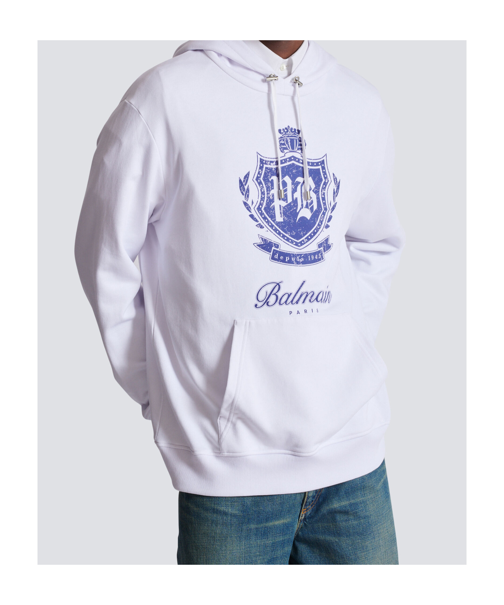 Balmain Hooded Sweater Kangaroo Pocket In White