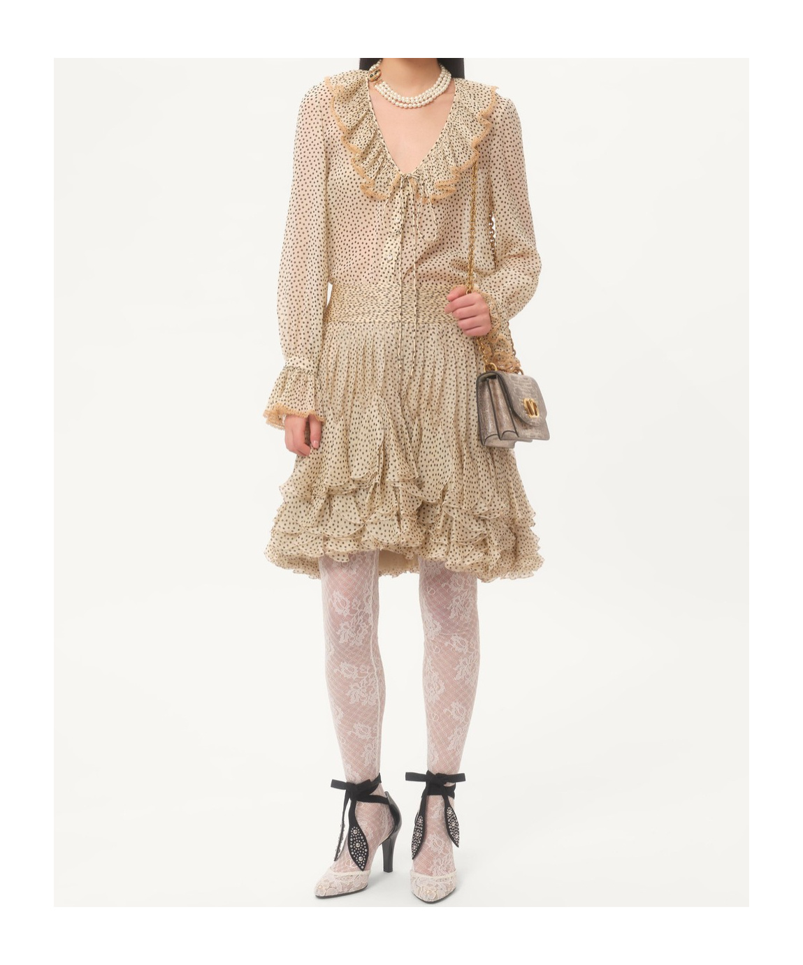 Valentino Silk Blouse With Ruffled Neckline And Polka Dot Pattern In Nude