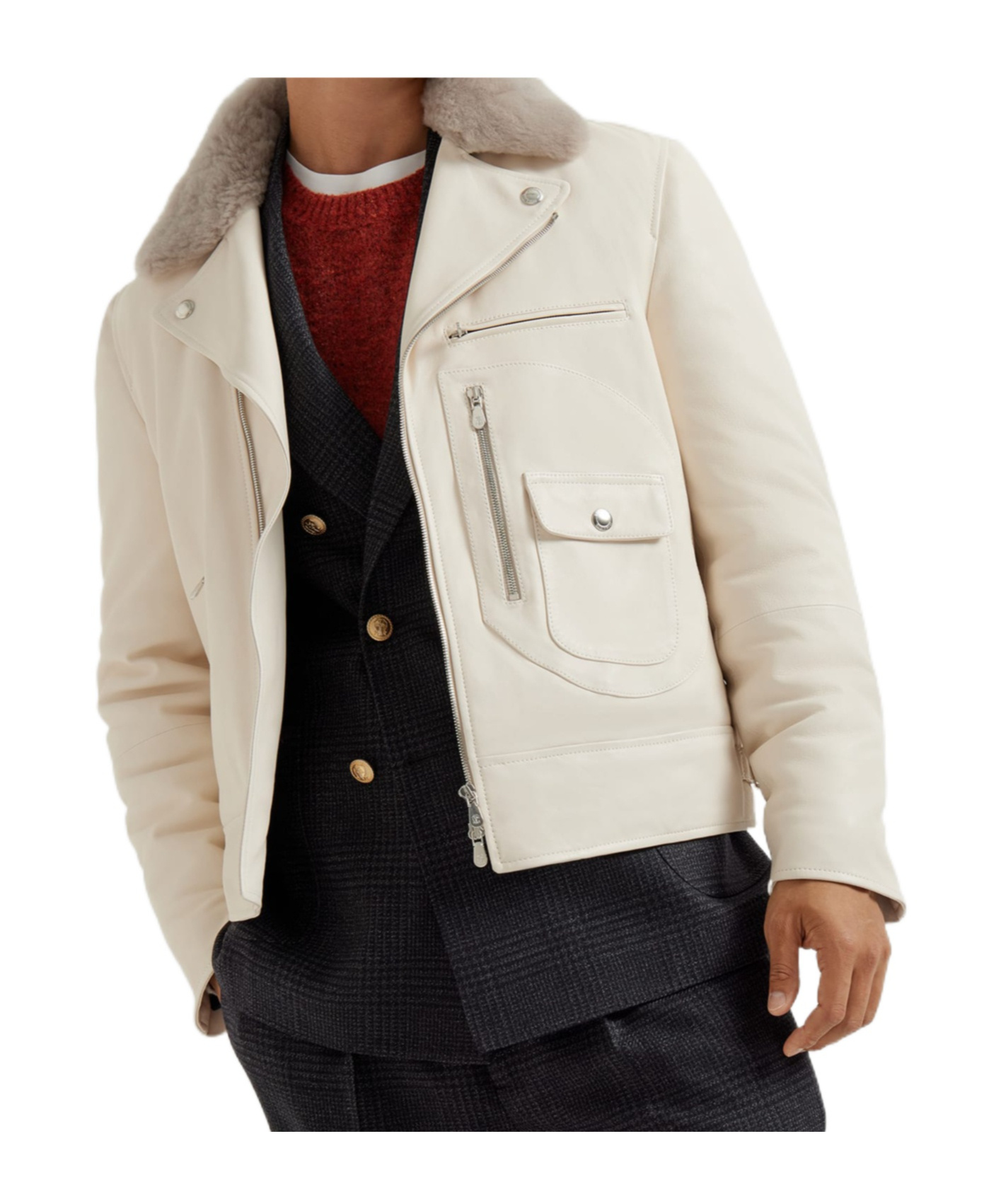 Brunello Cucinelli Fur-collar Leather Jacket In Ivory
