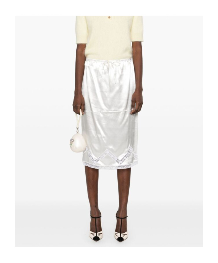 Prada Drawstring Lace Trim Satin Midi Skirt In White
