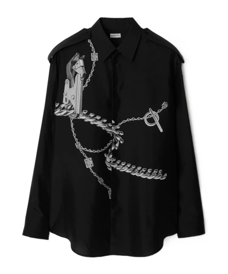 Burberry Oversize Chain Print Silk Poplin Button-up Shirt In Silver/black