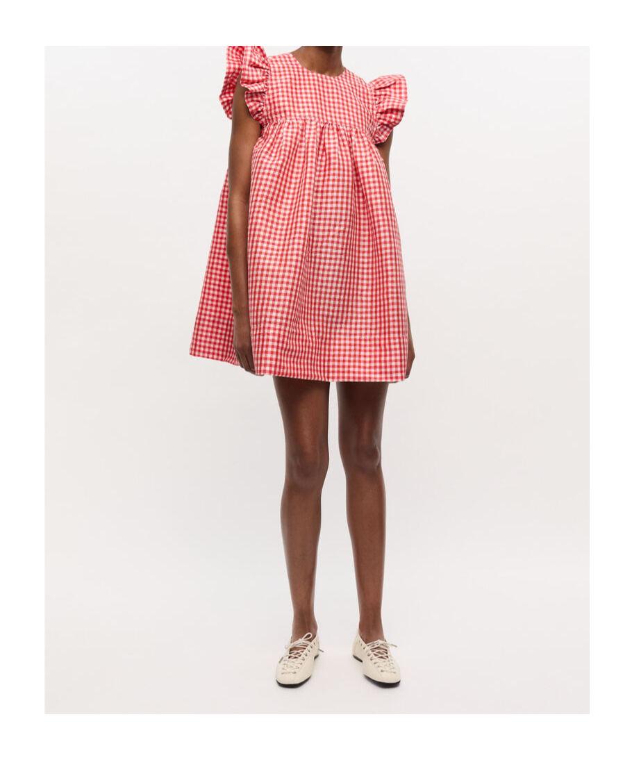 Ganni Red Crinkled Check Taffeta Dress