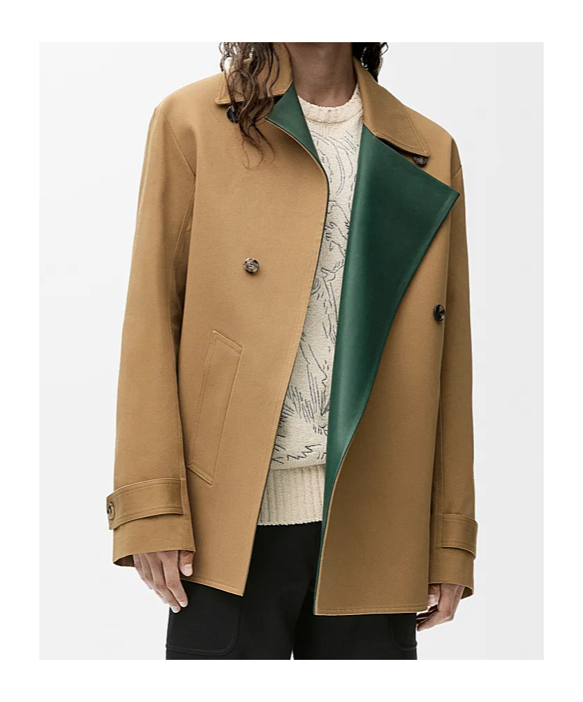 Loewe Coat In Cotton And Nappa Calfskin In Beige/khaki Green