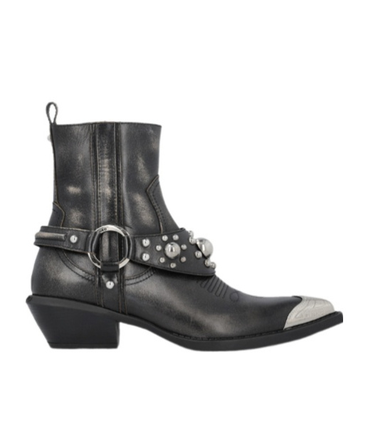 Pinko Texan-style Ankle Boots In Brushed Leather With Metal Toe In Black
