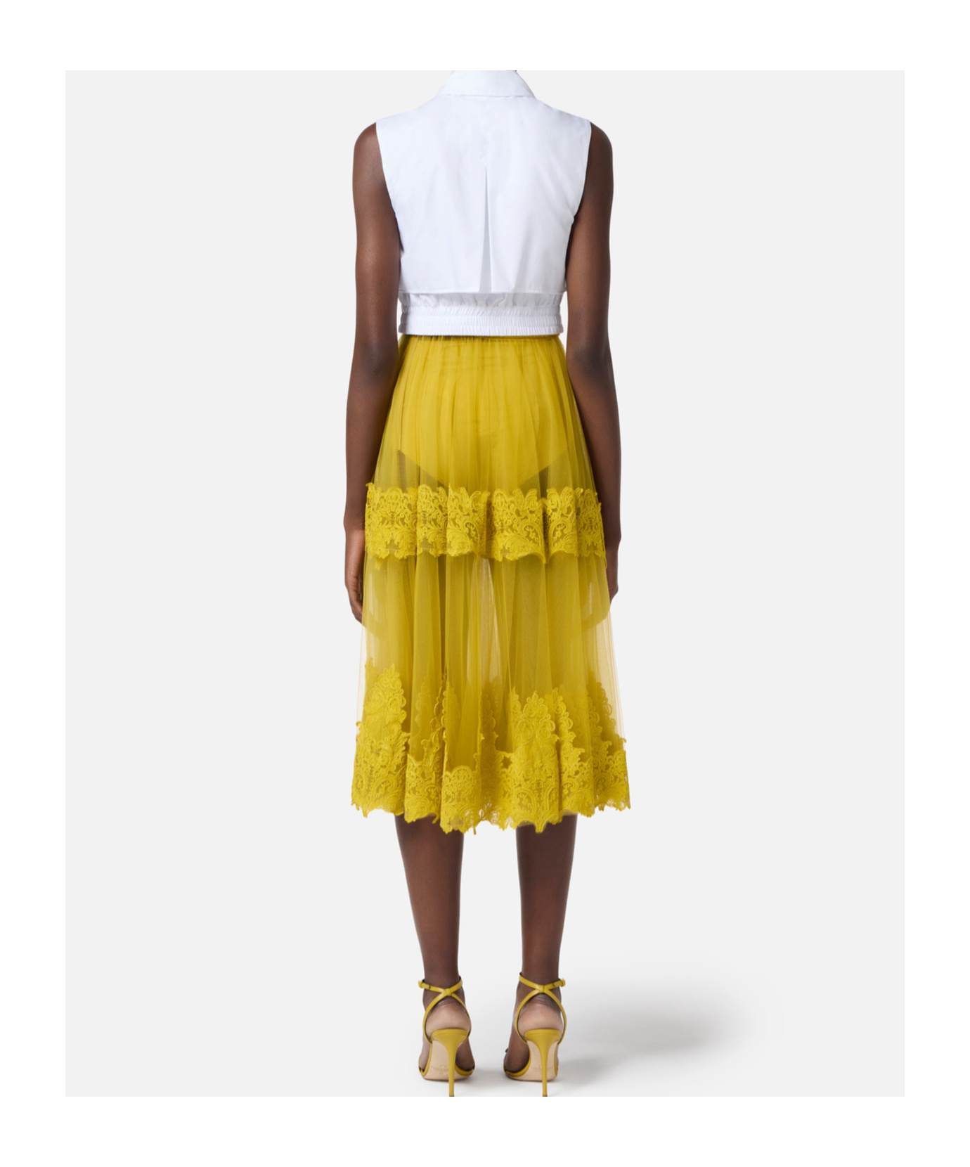 Elisabetta Franchi Tulle Skirt With Lace Decorations In Curry Color