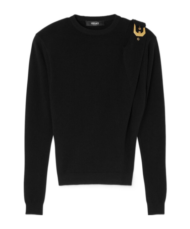 Versace Wool Sweater With Buckle Detail And Long Sleeves In Black