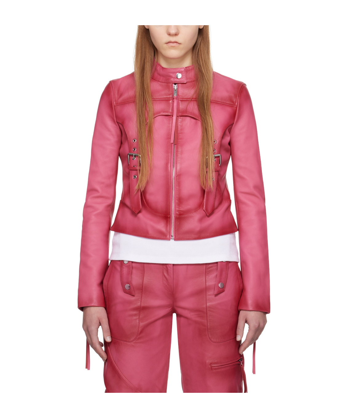 Blumarine Standing Collar Leather Jacket In Pink