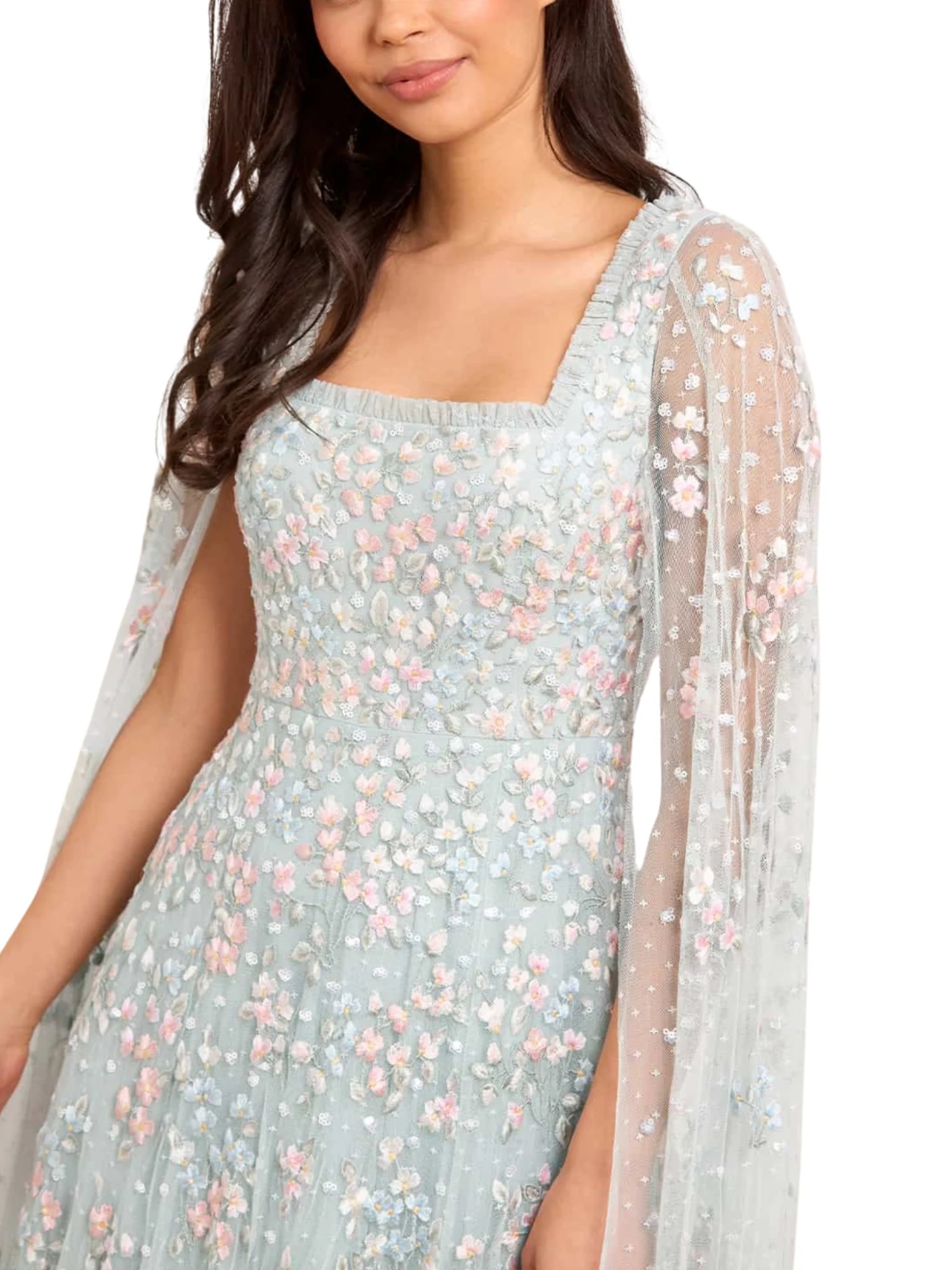 Needle & Thread Floral Cape Sleeve Gown In Blue