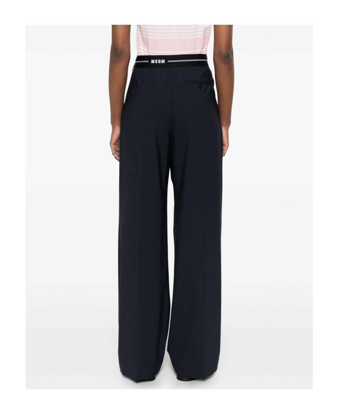 Msgm Blue Wool Trousers With Elastic Waistband And Logo In Black