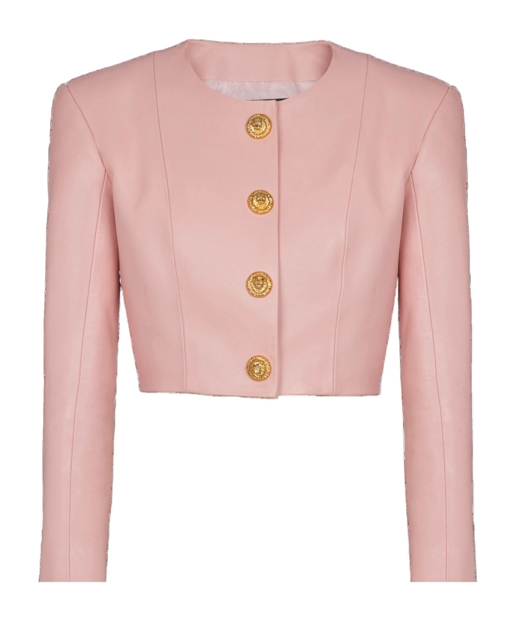 Balmain Long Sleeves Buttoned Lambskin Cropped Jacket In Pink