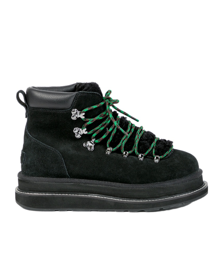 Ugg X Sacai Fur-trim Lace-up Ankle Boots In Black