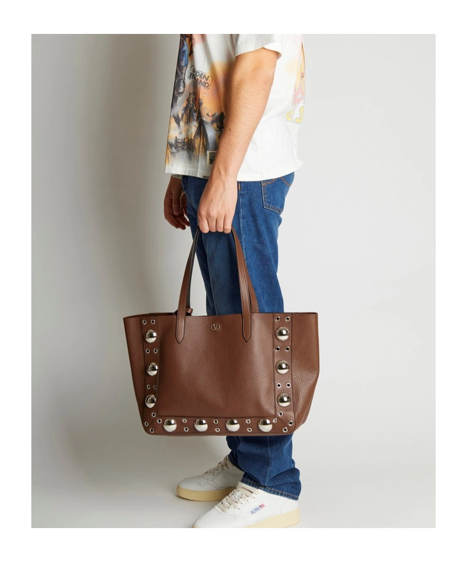 Valentino Medium Leather Tote With Eyelet And Studs In Brown
