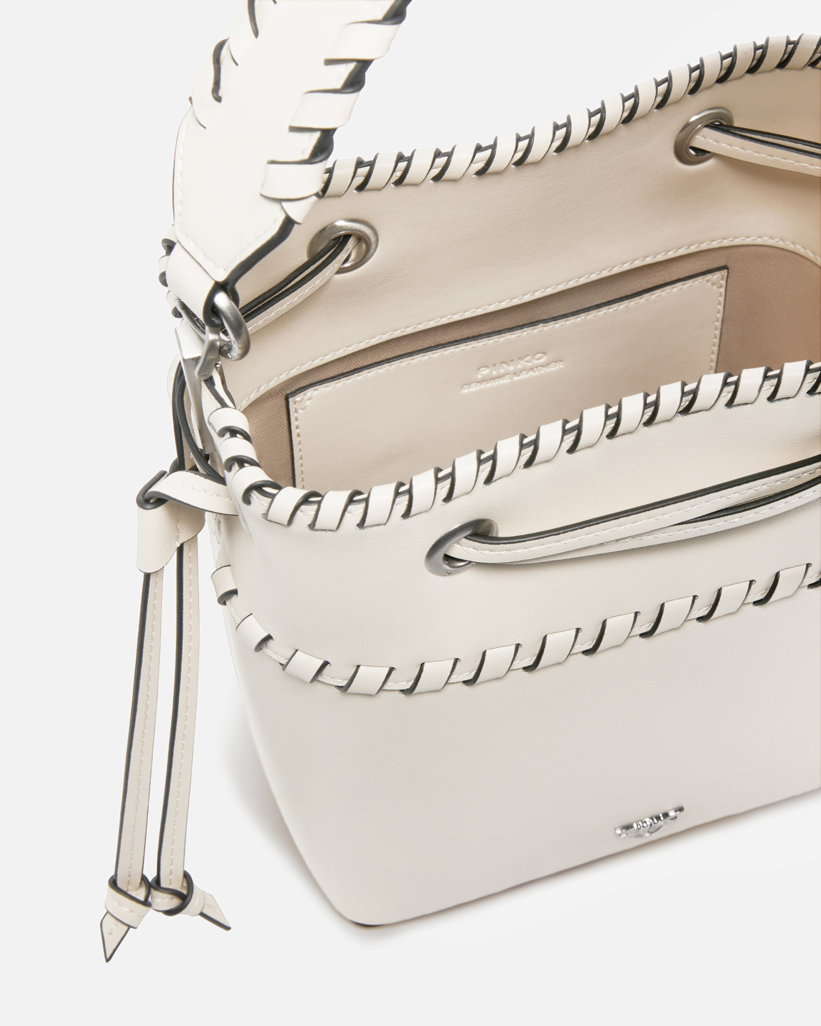 Pinko Small Leather Bucket Bag With Threaded Detailing In White