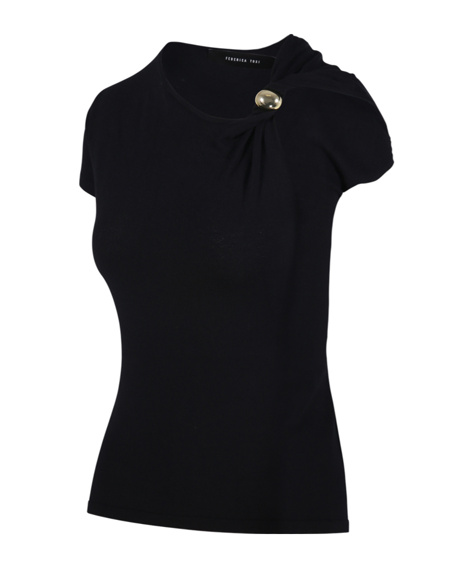 Federica Tosi Asymmetrical Black Top With Brooch Detailing In Black