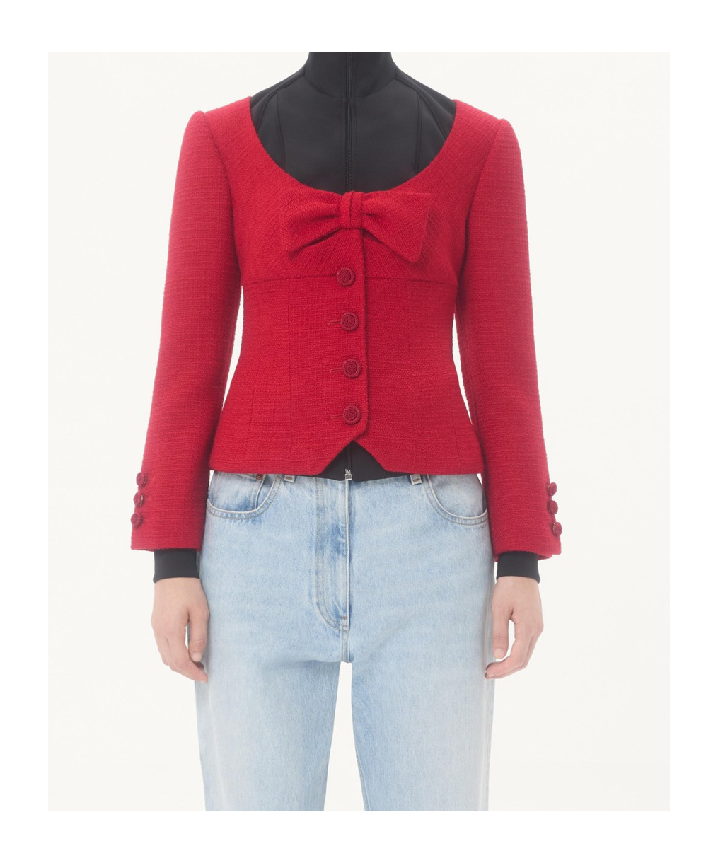 Valentino Textured Tweed Blazer Bow Detail In Red