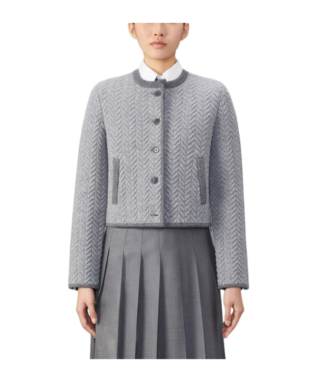Thom Browne Herringbone 3d-knit Cardigan In Gray