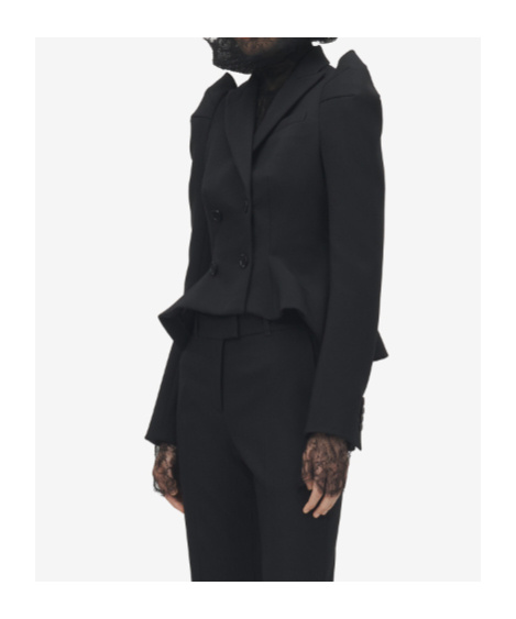 Alexander Mcqueen Mcqueen Pleated Puff Shoulder Stretch Wool Crop Jacket In Black