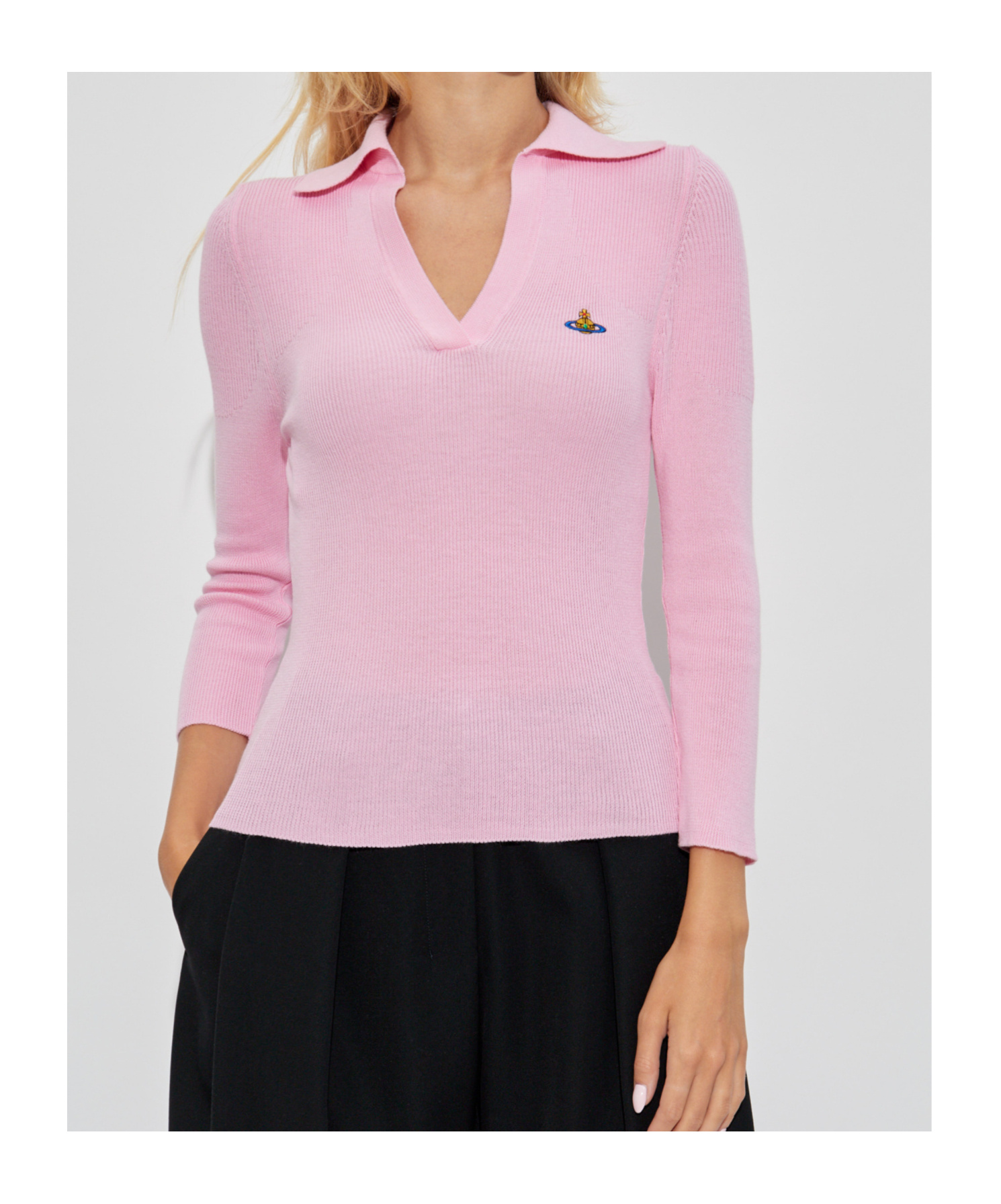 Vivienne Westwood Long Sleeve Collared Polo Top Ribbed Texture In Pink