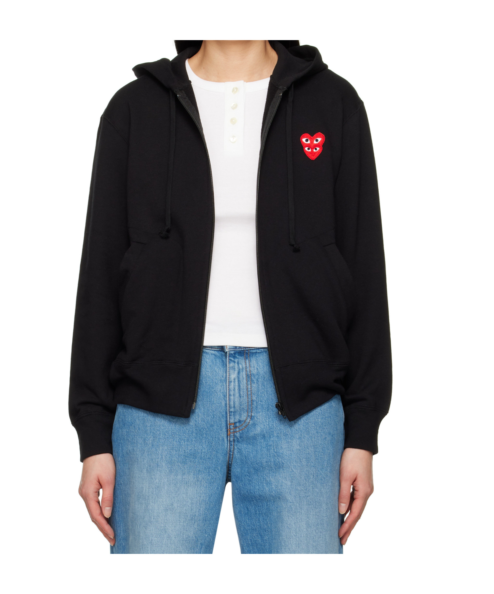 Comme Des Garçons Play Zipped Hoodie With Double Heart Patch In Black